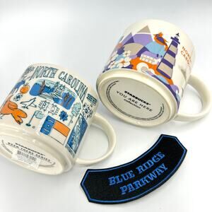 North Carolina Starbucks Mugs (2) 14oz Coffee Tea Mug Cup Blue Ridge Patch Gift